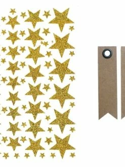 AUCUNE Stickers étoiles à Paillettes Dorées + 20 étiquettes Kraft Fanion
