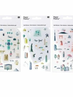 Rico Design Stickers Gel Transparent - Paris, New-York, Tokyo