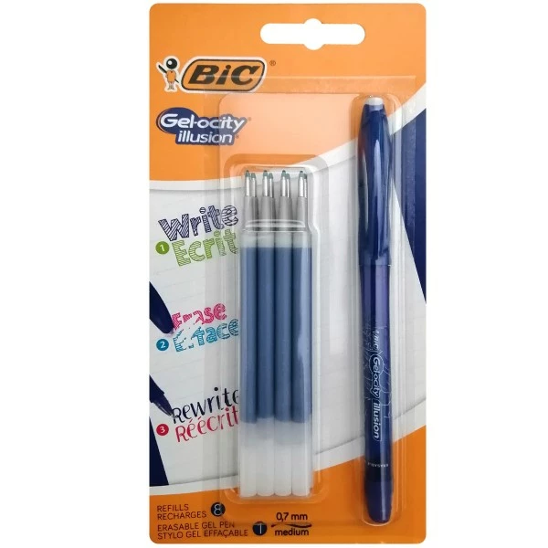 Stylo Bic Gel Ocity Illusion + Recharges - Encre Gel Effaçable - Bleu - 9 Pcs 1 Stylo Bic Gel Ocity Illusion + Recharges - Encre Gel Effaçable - Bleu - 9 Pcs