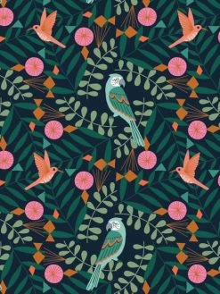 Tissu Coton Dashwood - Our Planet Perroquets Bleu Marine - Vendu Par 10 Cm