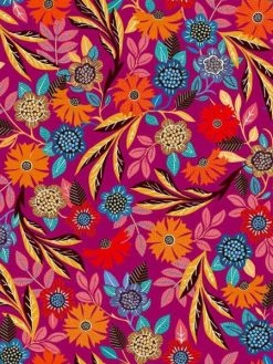 Creavea Tissu Rayonne Dashwood Gardenia - Fleurs Colorées - Fond Rose Fuchsia - Par 10 Cm