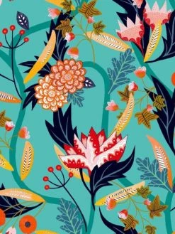 Creavea Tissu Rayonne Dashwood Gardenia - Jardin Tropical - Fond Turquoise - Par 10 Cm