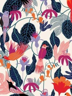 Creavea Tissu Rayonne Dashwood Gardenia - Jungle Et Oiseaux - Fond Blanc - Par 10 Cm