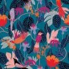 Creavea Tissu Rayonne Dashwood Gardenia - Jungle Et Oiseaux - Fond Bleu Pétrole - Par 10 Cm