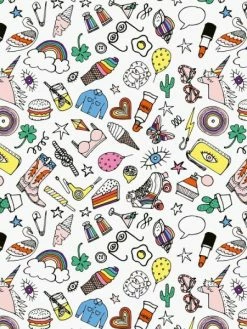 Rico Design Tissu Rico Toile Cirée - Icônes Multicolores - Fond Blanc - Par 10 Cm (sur Mesure)