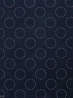 Rico Design Tissu Toile Coton à La Coupe - Ronds Sashiko Sur Fond Bleu Foncé - Par 10 Cm